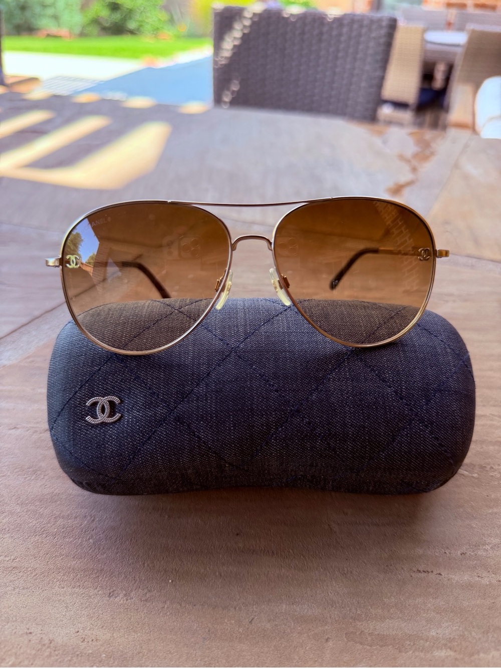 CHANEL Gold Aviator Sunglasses with Brown Lenses